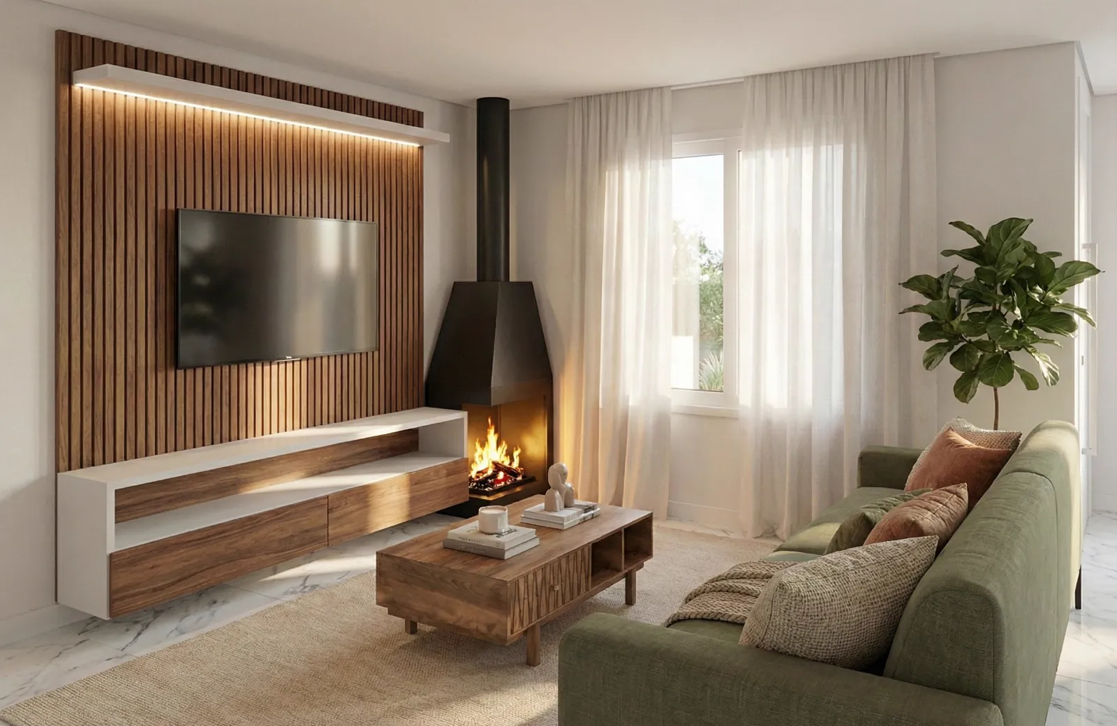 Sala de estar com painel em madeira ripada, lareira suspensa e iluminação indireta
